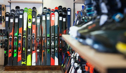 Variety of alpine skis for sale in modern sports equipment store - obrazy, fototapety, plakaty