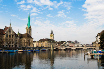Fototapeta premium View of historic city of Zurich. Fraumunster Church and river Limmat at Lake Zurich. Canton of Zurich, Switzerland.