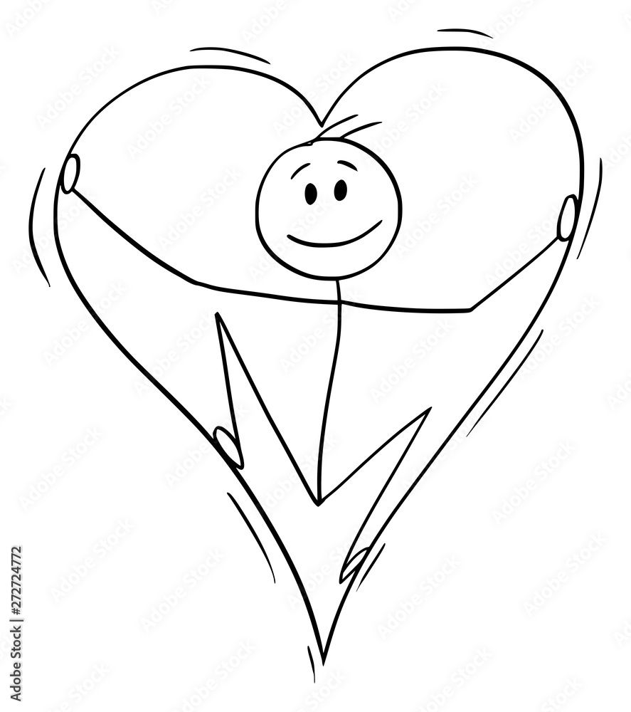 Canvas Prints Vector cartoon stick figure drawing conceptual illustration of man in love inside of big heart.