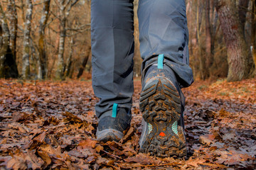 Hiker's boots stepping on a blanket of fallen autumnal orange leaves.