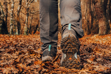 Hiker's boots stepping on a blanket of fallen autumnal orange leaves.