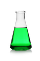 Conical flask with color liquid on white background. Solution chemistry