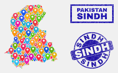 Vector bright mosaic Sindh Province map and grunge stamp seals. Abstract Sindh Province map is designed from randomized colorful site icons. Stamp seals are blue, with rectangle and round shapes.