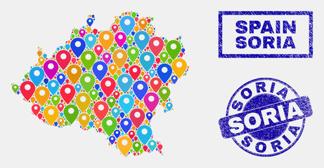 Vector colorful mosaic Soria Province map and grunge seals. Flat Soria Province map is composed from randomized colorful geo symbols. Seals are blue, with rectangle and rounded shapes.