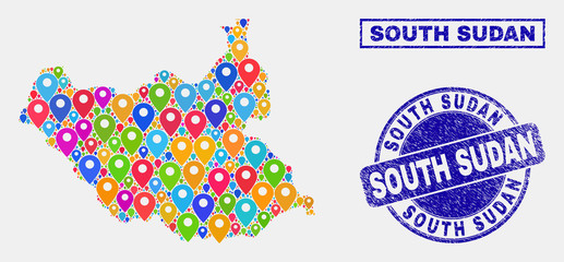 Vector colorful mosaic South Sudan map and grunge stamp seals. Abstract South Sudan map is created from scattered colorful navigation icons. Stamp seals are blue, with rectangle and round shapes.