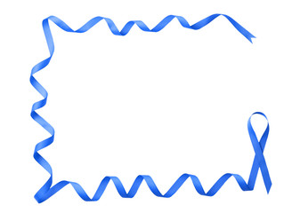 Blue ribbon on white background, top view with space for text. Colon cancer awareness concept