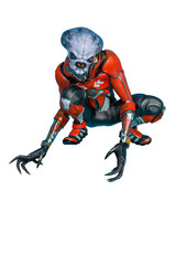 official alien on a sci-fi outfit walking in a white background is watching you