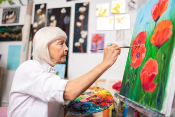 Grey-haired retired artist painting red poppies with gouache