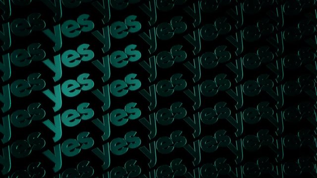Animation of abstract space filled of threedimensional metal logotypes with words "Yes" moving on black background. Animation. Motivation and logos concept.