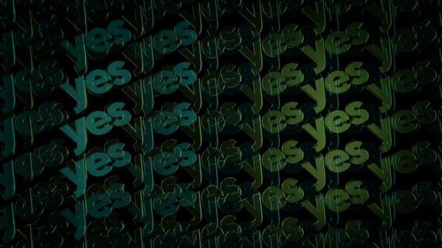 Abstract space filled of duplicated 3d metal logotypes with words "Yes" moving on black background. Animation. Motivation and logos concept.