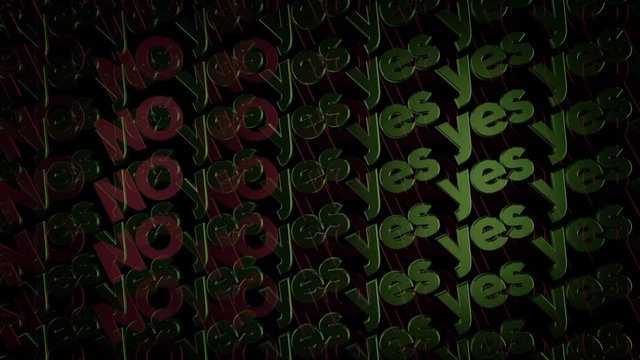 Abstract space filled of threedimensional metal logotypes with words "Yes" and "No" moving on black background. Animation. Prohibition and permission concept