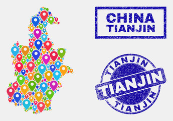 Vector bright mosaic Tianjin City map and grunge stamp seals. Abstract Tianjin City map is formed from random colorful site positions. Stamp seals are blue, with rectangle and round shapes.