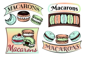 Foto op Canvas Vector illustration of sketch hand drawn  logo with sweet french dessert Macarons. Vintage macaron label, macaroon bakery, coffee and pastry shop, cafe, store, menu. © MariArt