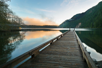 Beautiful sunrise over Lake Crescent at Olympic National Park. The Lake is a deep lake located entirely within Olympic National Park in Clallam County, Washington, USA