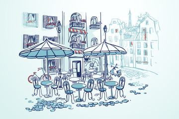 Street cafe with umbrellas and tables in french city. Bicycle and scooter next to cafe. Vector illustration in sketch modern style.