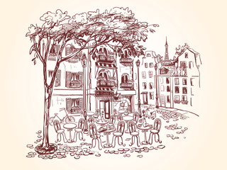 Street cafe with a tree and tables in a french city. Bicycle and scooter next to cafe. Old buildings and balconies with flowers. Vector illustration in vintage style.
