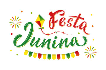 Festa Junina June party lettering text in Brazilian. Brazil traditional june festival. Folklore village carnival. Festival fire, kite and garland. Vector illustration with for poster, banner, flyer. 