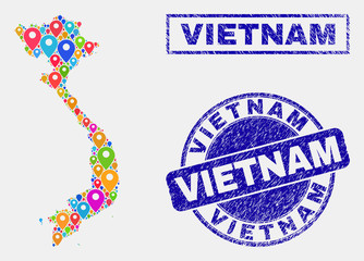 Vector colorful mosaic Vietnam map and grunge stamp seals. Abstract Vietnam map is composed from scattered bright geo symbols. Stamp seals are blue, with rectangle and rounded shapes.