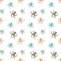 Seamless underwater pattern with cute octopuses Vector cartoon illustration