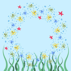 Cute frame with octopuses on the marine theme Vector cartoon illustration