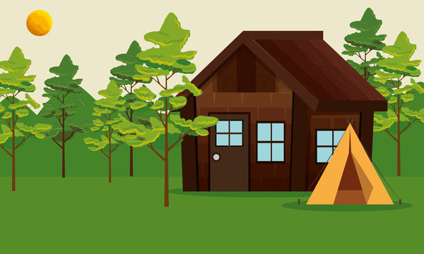 camping zone with camping tent and cabin scene