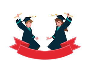 young couple students graduated celebrating with ribbon