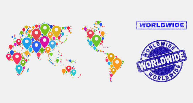 Vector bright mosaic worldwide map and grunge stamp seals. Flat worldwide map is composed from random bright map markers. Stamp seals are blue, with rectangle and round shapes.