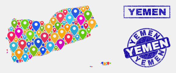 Vector colorful mosaic Yemen map and grunge stamp seals. Flat Yemen map is designed from scattered colorful geo pointers. Stamp seals are blue, with rectangle and round shapes.