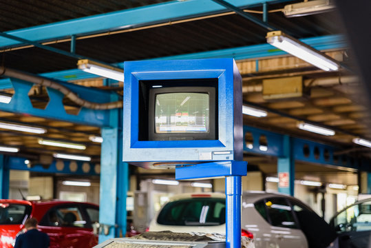 Valencia, Spain - May 29, 2019: Vehicle control monitor at a car technical control station in Spain, ITV.