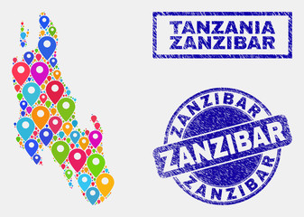 Vector bright mosaic Zanzibar Island map and grunge stamp seals. Abstract Zanzibar Island map is created from random bright site pointers. Seals are blue, with rectangle and rounded shapes.