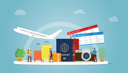 travelling or travel holiday concept with tourist and plane with passport and ticket with modern flat style - vector © ribkhan
