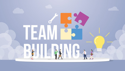 team building concept with big word text and puzzle with team people office company and light bulb idea - vector