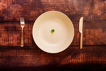 Diet to lose weight, image of plate and cutlery with a little scanty vegetable.
