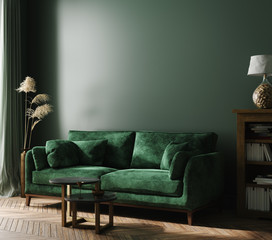 Home interior mock-up with green sofa, table and decor in living room, 3d render