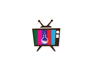 Beaker Lab round flask with chemical substance inside and Bubbles for logo design illustration in an old tv shape multicolor icon