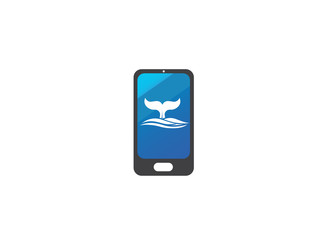 Whale diving deep in the sea and show Tail up for Logo design illustration i a smartphone shape icon
