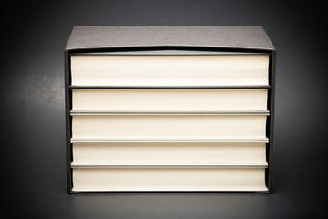 A set of monochromatic cloth-bound books inside an elegant black hard cardboard slipcase and set on a slightly textured and graduated dark background.