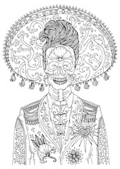 Vector hand drawn man with sugar skull calavera makeup with patterned sombrero on his head. Mexican holiday Day of the Dead. Halloween. Graphic design, print on t-shirt Coloring page for adults A4 