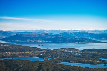 Beautiful aerial view of fjord landscape with small village near Bergen, Norway - 272740713