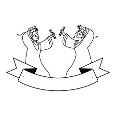 young couple students graduated celebrating with ribbon