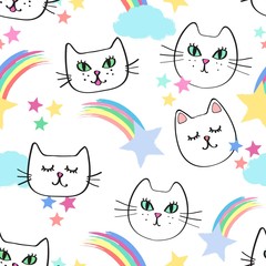 Seamless repeat patterns with happy girly cat faces, colorful rainbows and shooting stars