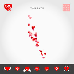 I Love Vanuatu. Red and Pink Hearts Pattern Vector Map of Vanuatu Isolated on Grey Background. Love Icon Set.