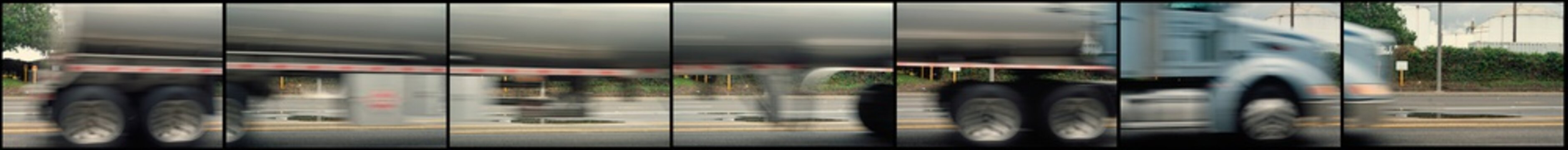 Seven blurred pictures of a truck assembled together as it quickly passes by.