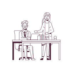 businessman with female assistant using laptop discussing new project during meeting at workplace teamwork concept couple working together sketch line hand drawn full length