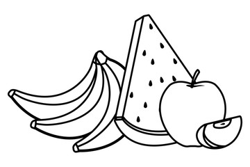 delicious mix of fruit cartoon in black and white