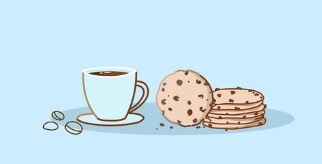 chocolate chip cookie with coffee cup sweet baked dessert with hot drink hand drawn sketch doodle horizontal