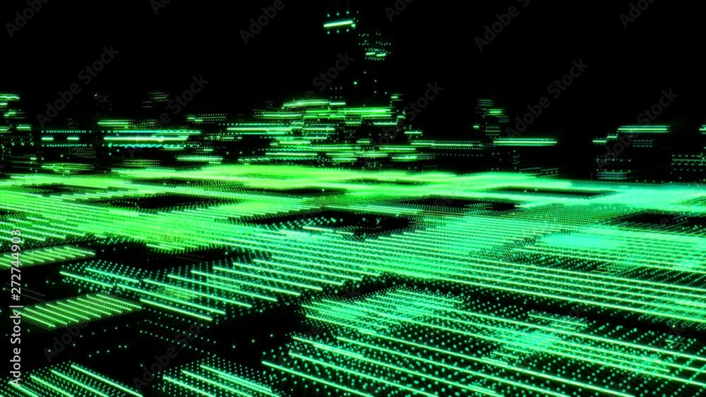 Poster Digital Construction Dot Moving Flow Data Communication Technology Motion. Grid Line Scifi Structure Particle Form Flickering In Cyber Space Concept.