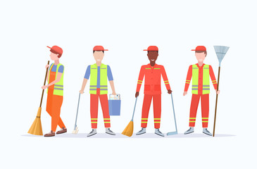 men street cleaners in uniform holding different tools mix race male workers standing together cleaning service concept flat full length white background horizontal vector illustration