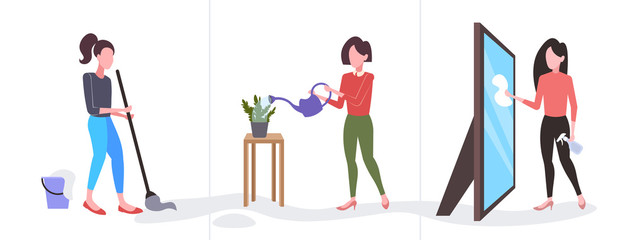 set woman cleaner wiping glass mirror mopping floor watering plants girl doing housework different housekeeping collection full length flat horizontal