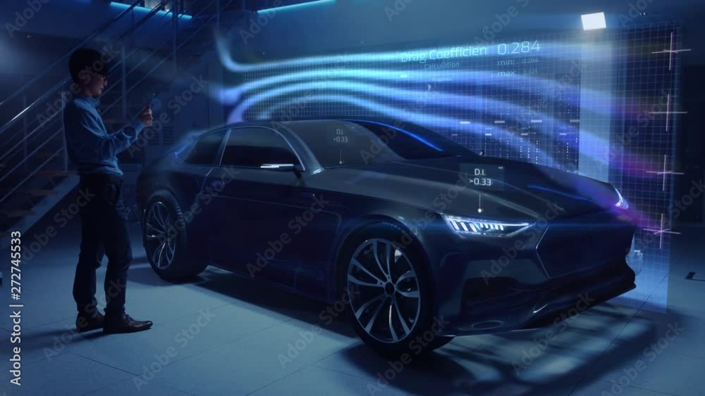 Aufkleber Automotive Engineer Working on Electric Car Chassis Platform, Using Tablet Computer with Augmented Reality 3D Software. Innovative Facility: Vehicle Virtual Model is Tested for Aerodynamics.